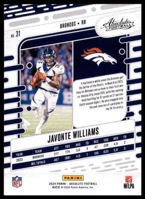 2024 Panini Absolute - Retail Javonte Williams 31 Denver Broncos - Football Card Single