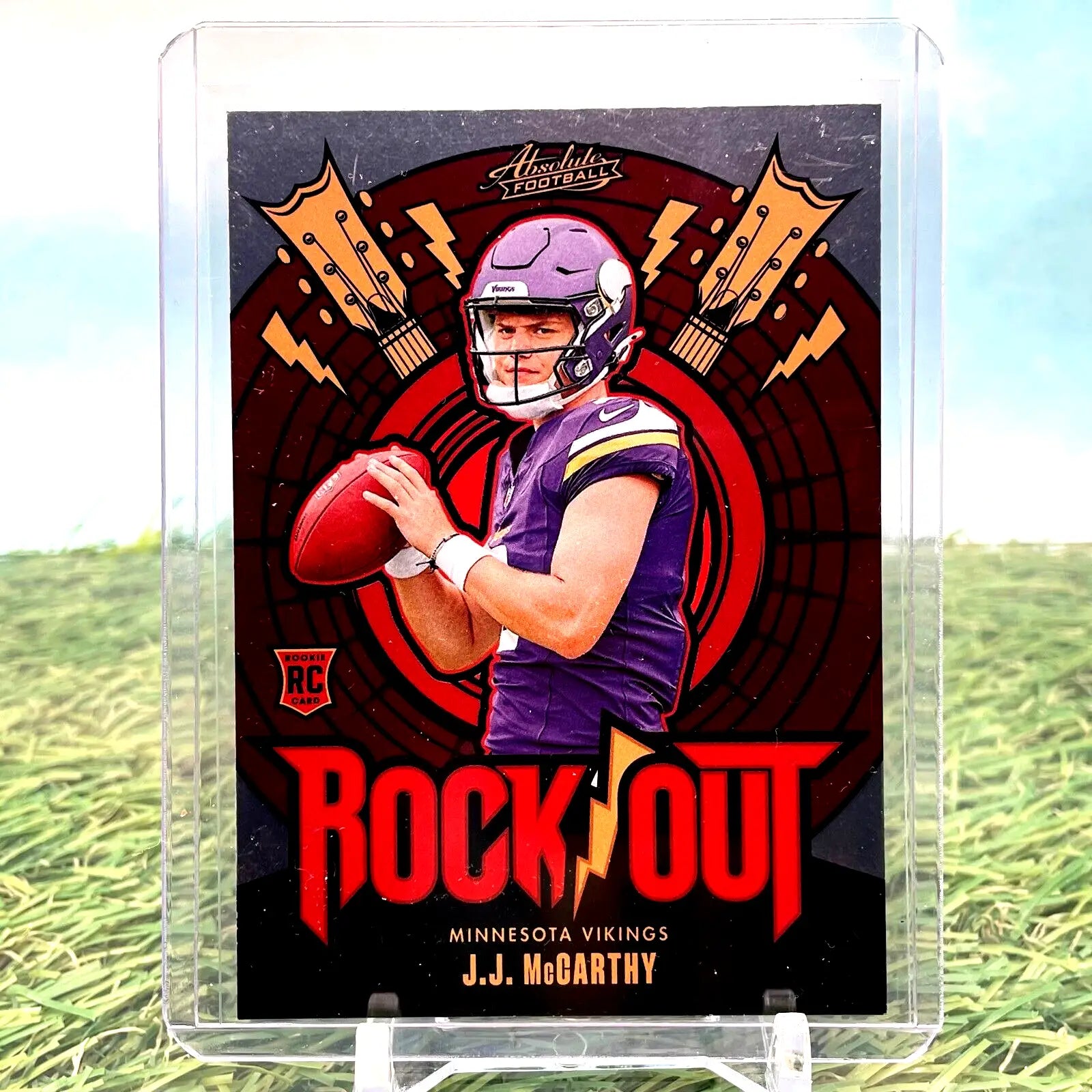 J.J. McCarthy trading card from 2024 Panini Absolute Rock Out set showcasing his rookie card