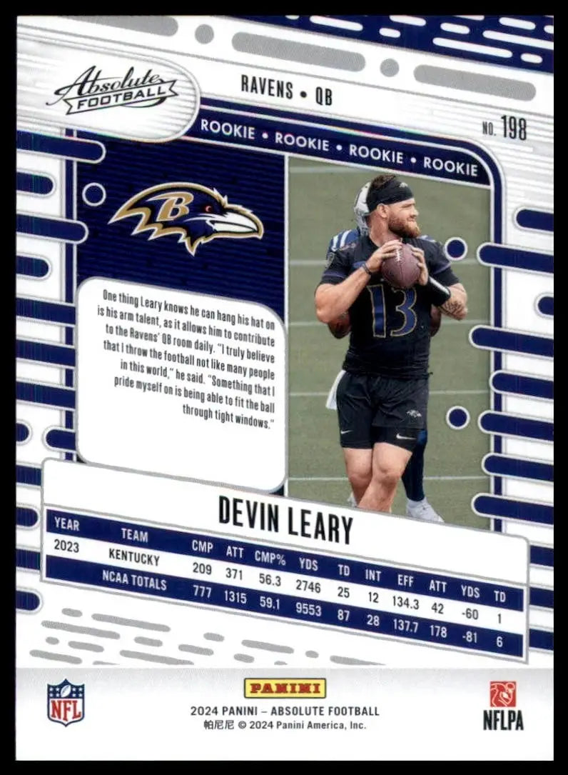 2024 Panini Absolute Rookie Devin Leary #198 Baltimore Ravens Football Card NFL - Football Card Single