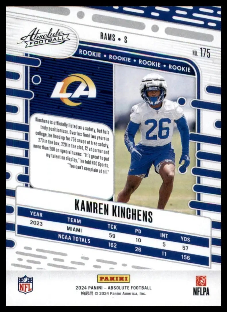 2024 Panini Absolute Rookie Kamren Kinchens #175 Los Angeles Rams Football Card - Football Card Single