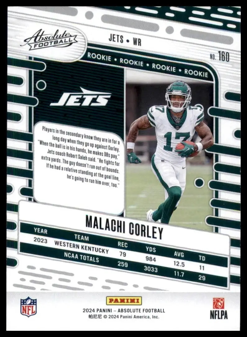 2024 Panini Absolute Rookie Malachi Corley #160 New York Jets Football Card NFL - Football Card Single