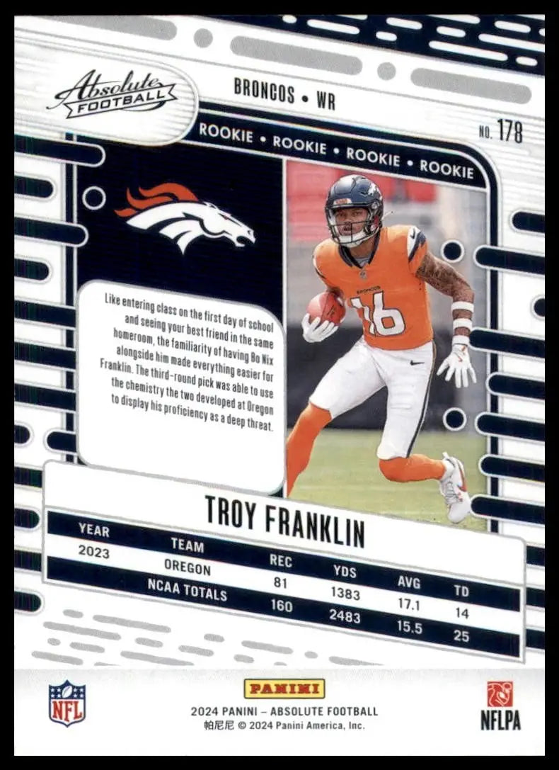 2024 Panini Absolute Rookie Troy Franklin #178 Denver Broncos Football Card NFL - Football Card Single