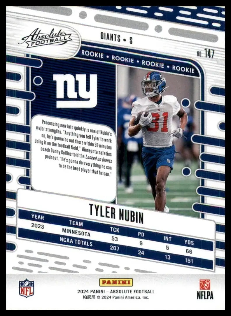 2024 Panini Absolute Rookie Tyler Nubin #147 New York Giants Football Card NFL - Football Card Single