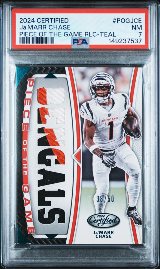 2024 Panini Certified Ja’Marr Chase Piece Of The Game Relic Teal #/50 PSA 7 - Football Card Single
