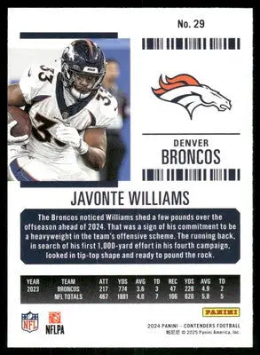 2024 Panini Contenders Football Javonte Williams #29 Red Football - Football Card Single