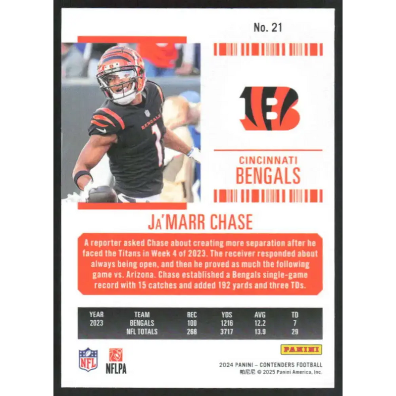 2024 Panini Contenders Season Ticket Retail #21 Ja’Marr Chase NM-MT Cincinnati Bengals Football Card