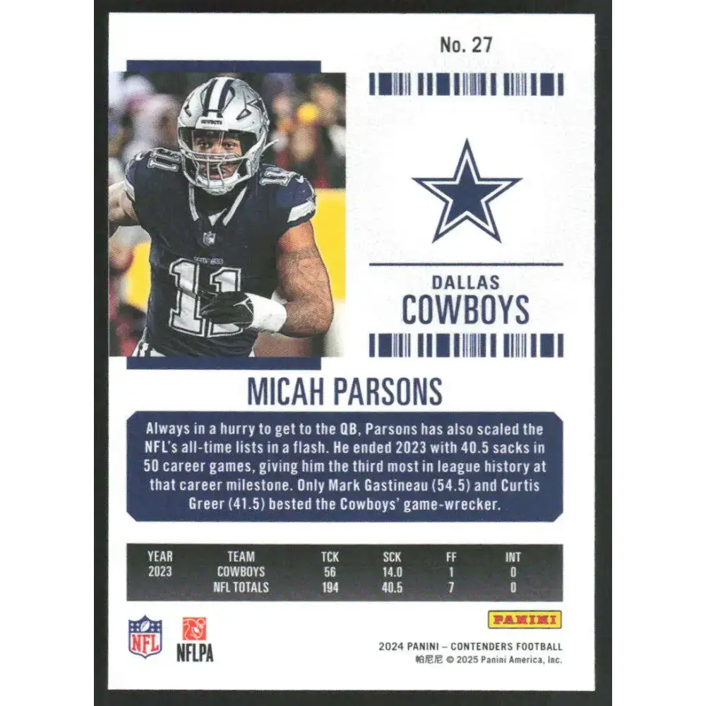 2024 Panini Contenders Season Ticket Retail #27 Micah Parsons NM-MT Dallas Cowboys Football Card