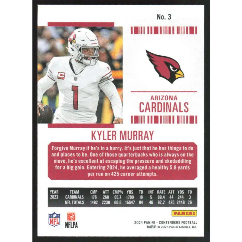 2024 Panini Contenders Season Ticket Retail #3 Kyler Murray NM-MT Arizona Cardinals Football Card