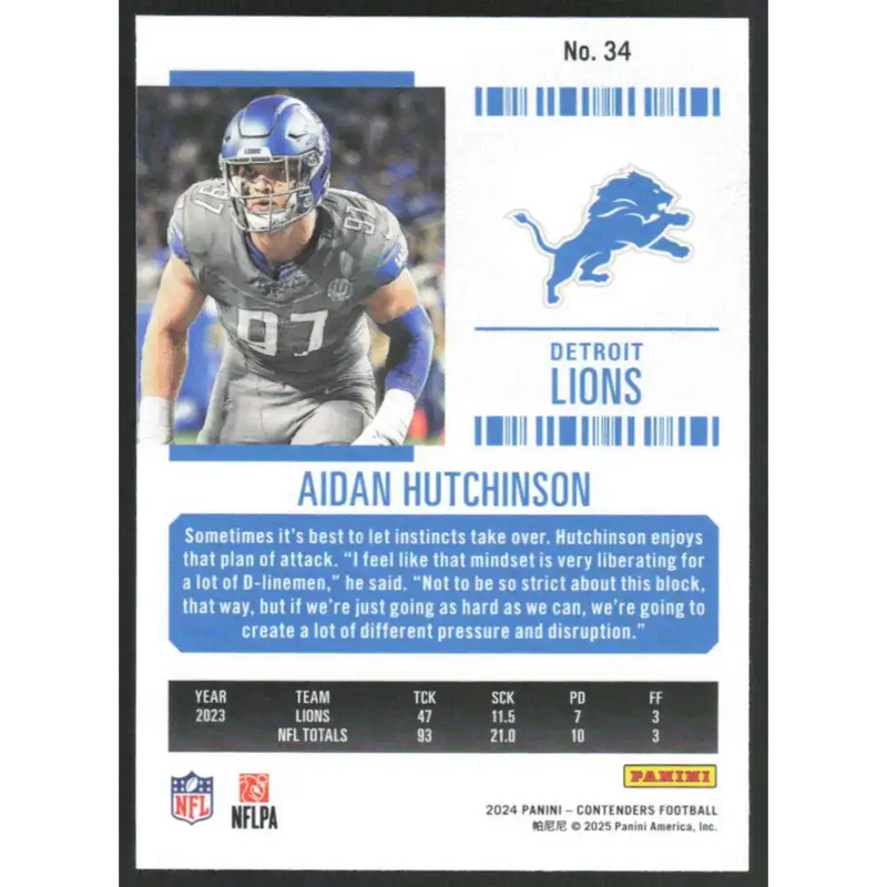 2024 Panini Contenders Season Ticket Retail #34 Aidan Hutchinson NM-MT Detroit Lions Football Card