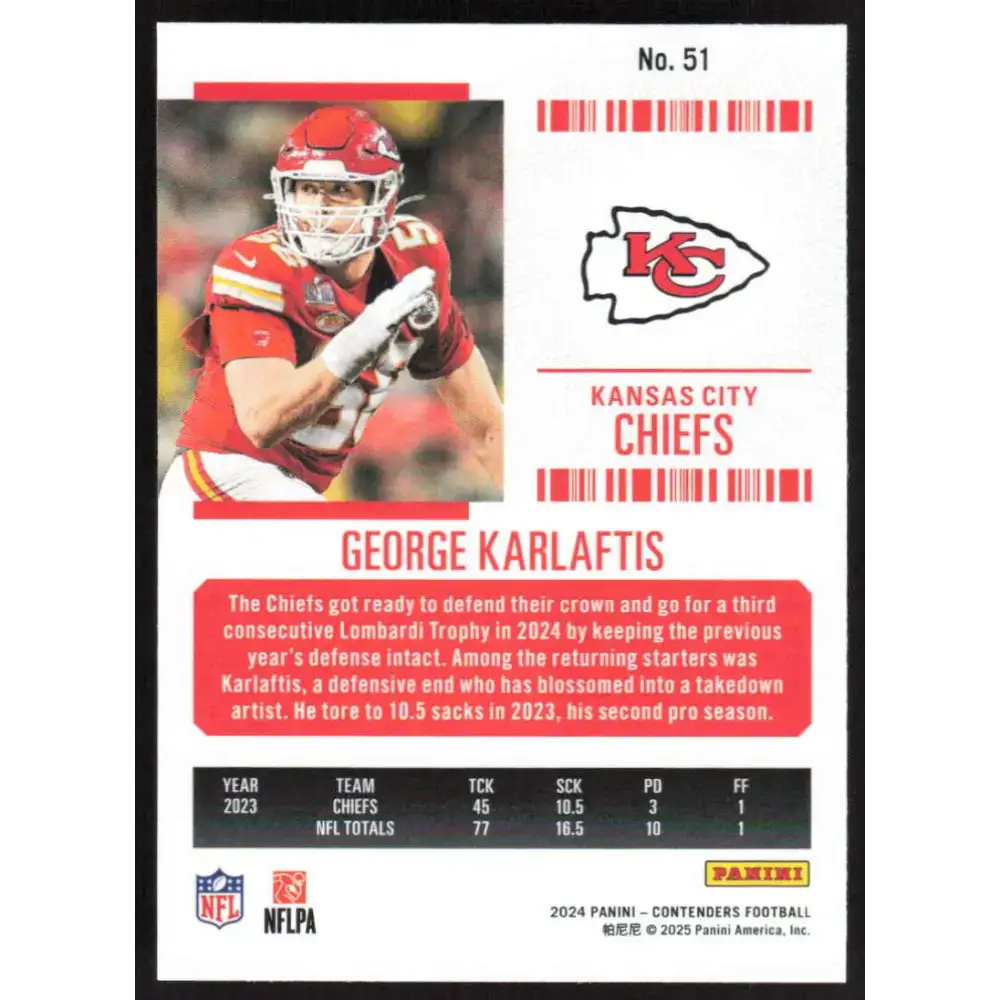 2024 Panini Contenders Season Ticket Retail #51 George Karlaftis NM-MT Kansas City Chiefs Football Card - Trading Cards