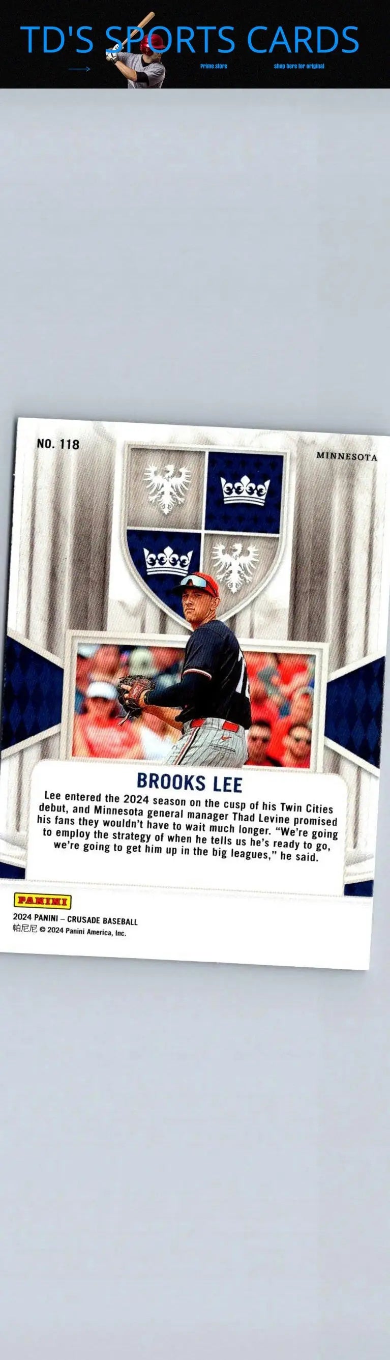 Brooks Lee baseball card from 2024 Panini Crusade series displayed on product page