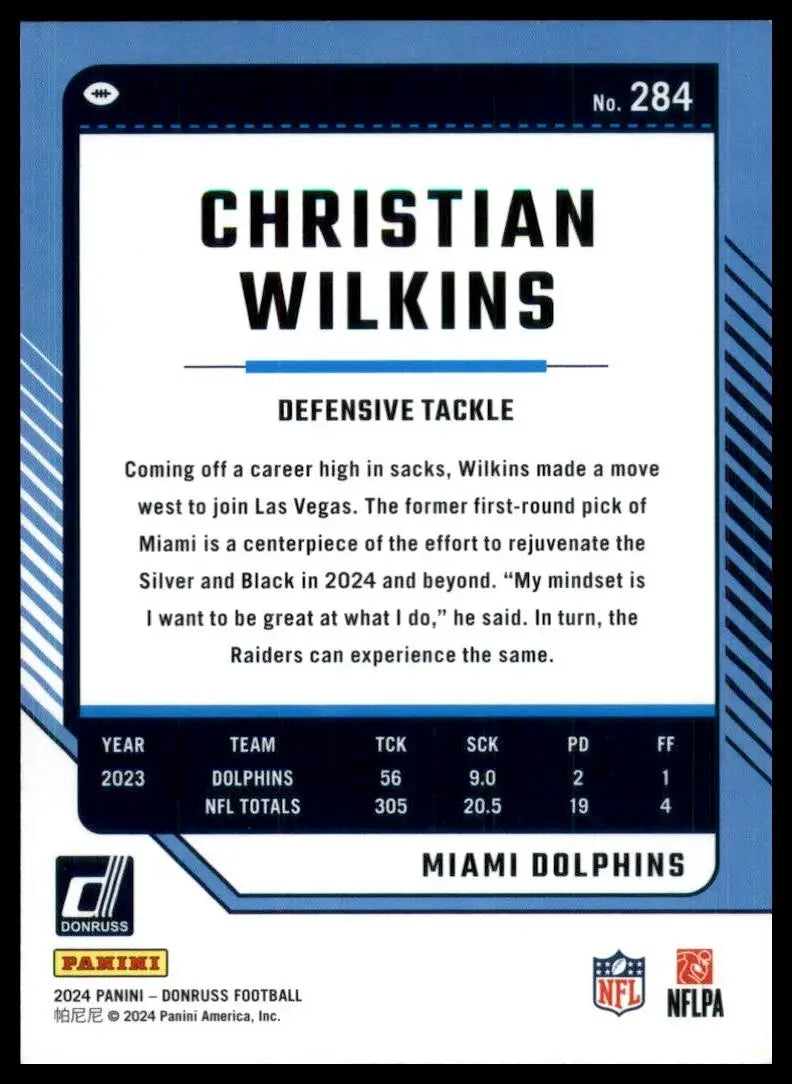 2024 Panini Donruss Christian Wilkins #284 Miami Dolphins Football Card NFL - Football Card Single