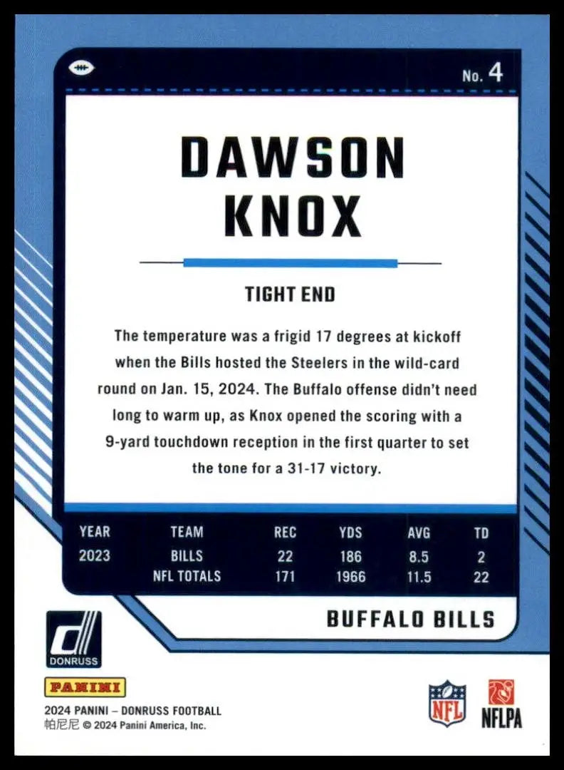 2024 Panini Donruss Dawson Knox #4 Buffalo Bills Football Card NFL Sports - Football Card Single