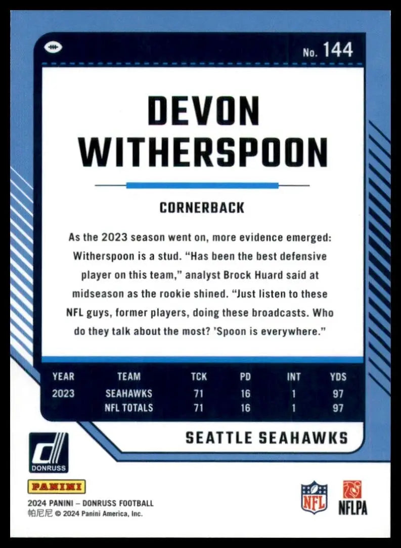 2024 Panini Donruss Devon Witherspoon #144 Seattle Seahawks Football Card NFL - Football Card Single