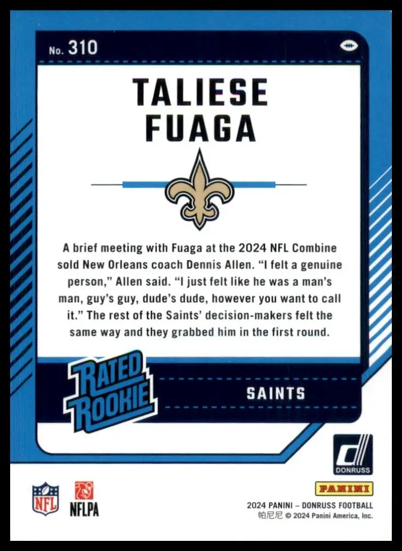 2024 Panini Donruss Green Rookie Taliese Fuaga #310 Football Card NFL Sports - Football Card Single