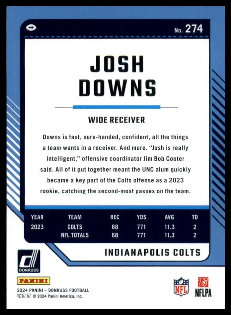 2024 Panini Donruss Josh Downs #274 Indianapolis Colts Football Card NFL Sports