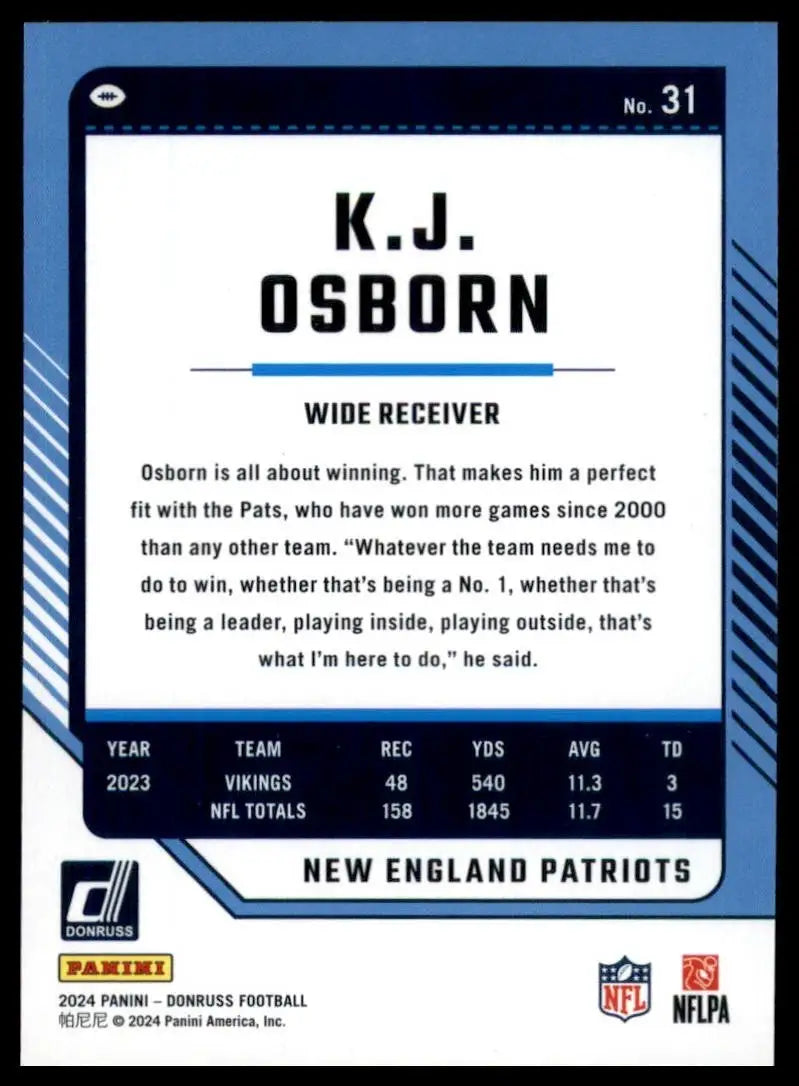 2024 Panini Donruss KJ Osborn #31 New England Patriots Football Card NFL Sports - Football Card Single