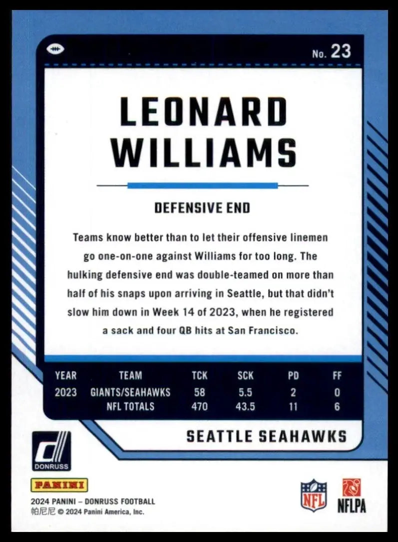 2024 Panini Donruss Leonard Williams #23 Seattle Seahawks Football Card NFL
