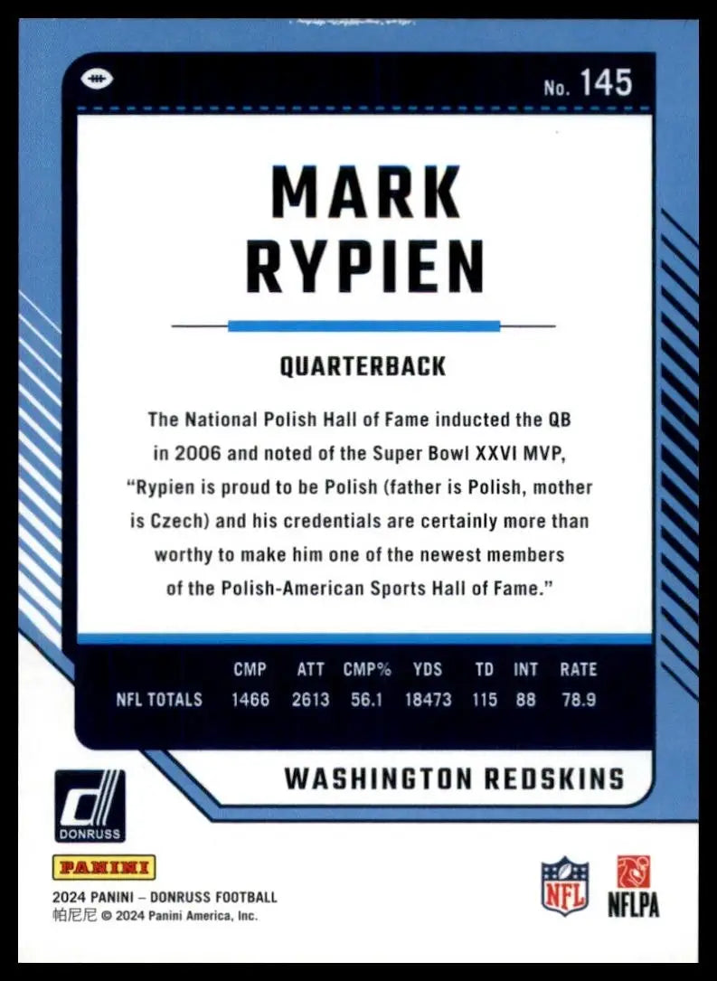 2024 Panini Donruss Mark Rypien #145 Washington Redskins Football Card NFL Sport - Football Card Single