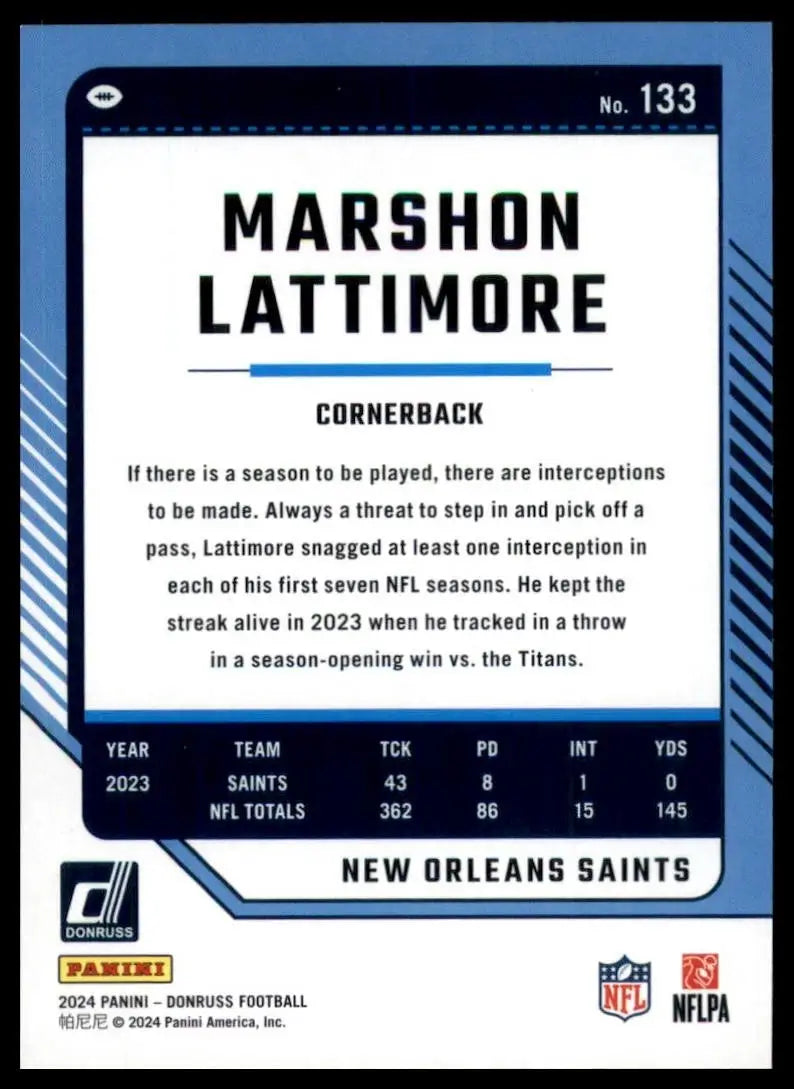 2024 Panini Donruss Marshon Lattimore #133 New Orleans Saints Football Card NFL - Football Card Single