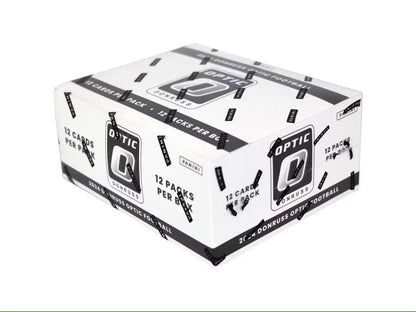 Sealed box of Donruss Optic Football cards from 2024 Panini Donruss Optic Football Jumbo Value 12-Pack