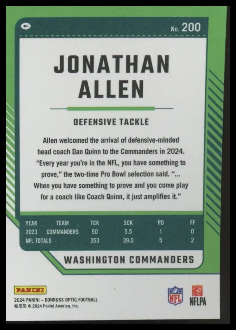 2024 Panini Donruss Optic Jonathan Allen #200 Washington Commanders Football NFL - Football Card Single