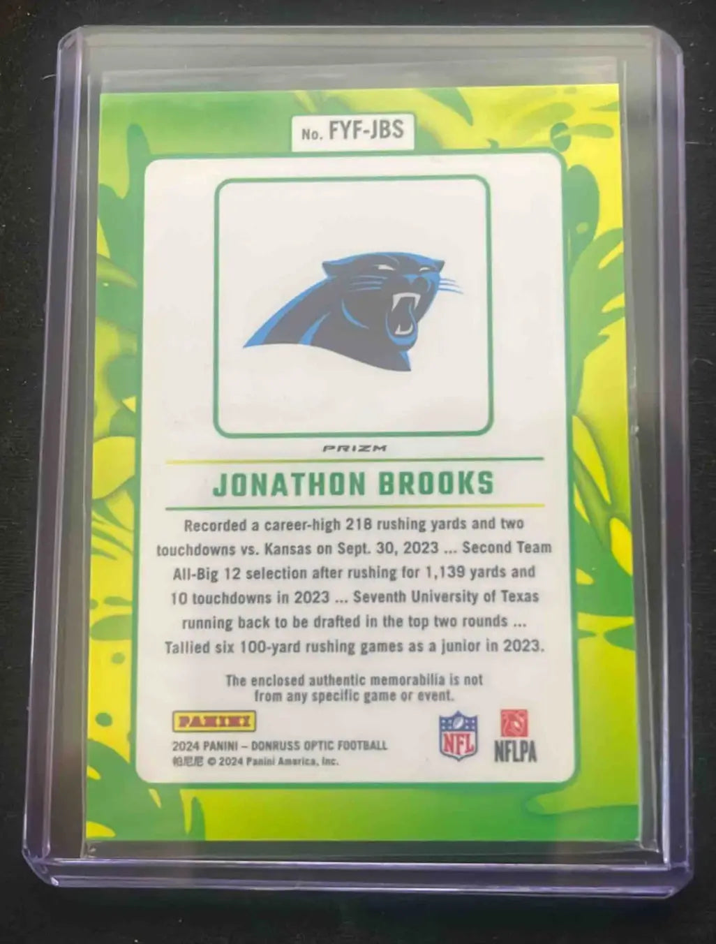 Panini Donruss Optic Jonathon Brooks football trading card with Carolina Panthers logo