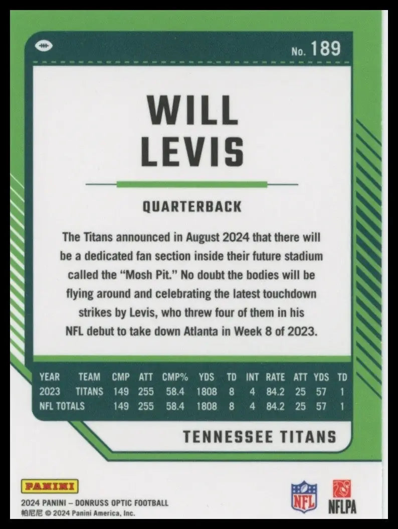 2024 Panini Donruss Optic Will Levis #189 Tennessee Titans Football Card NFL - Football Card Single