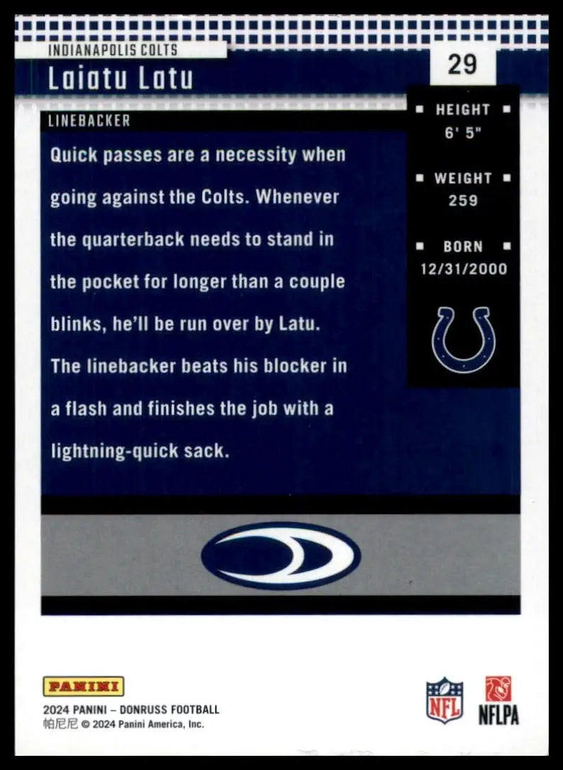 2024 Panini Donruss Retro 2004 Laiatu Latu #29 Rookie Indianapolis Colts Card - Football Card Single