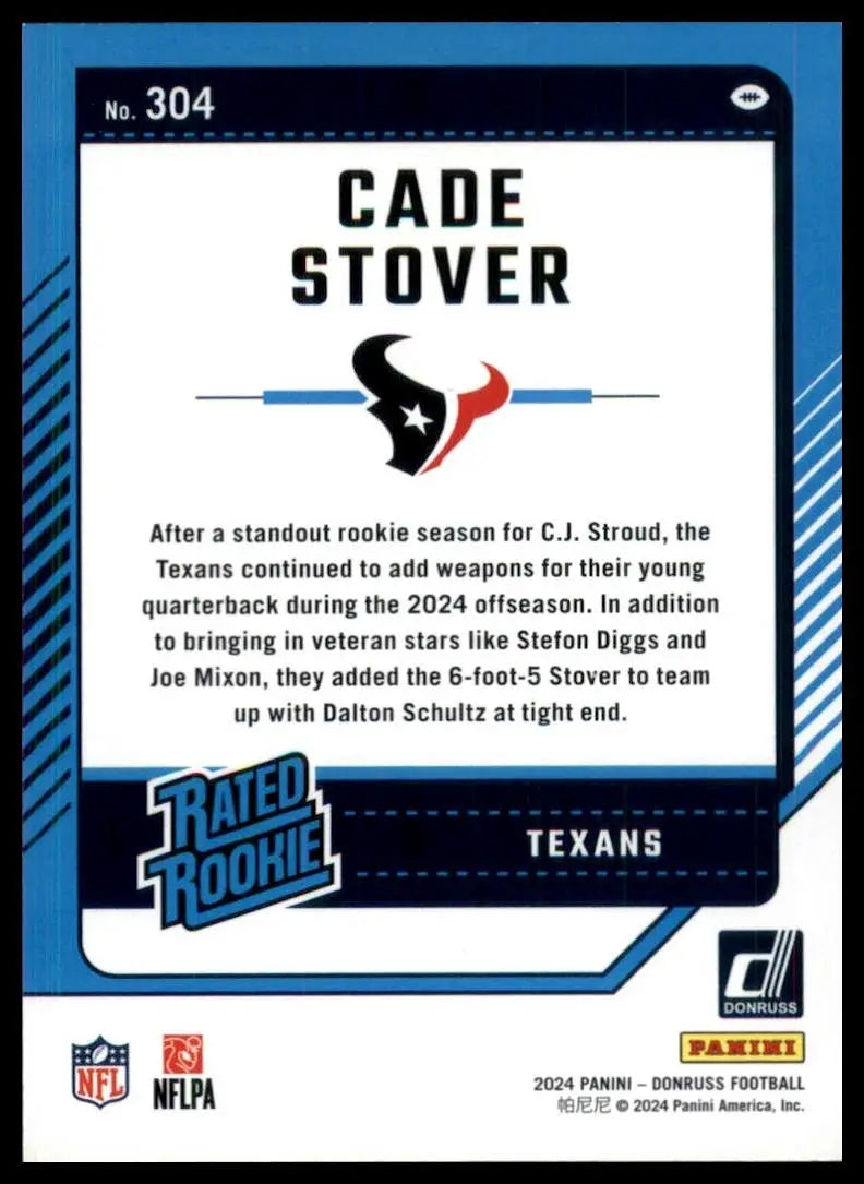 2024 Panini Donruss Rookie Cade Stover #304 Houston Texans Football Card