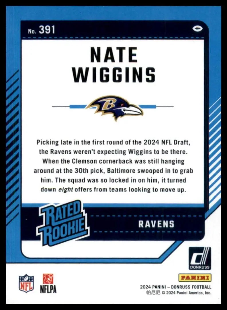 2024 Panini Donruss Rookie Nate Wiggins #391 Baltimore Ravens Football Card NFL