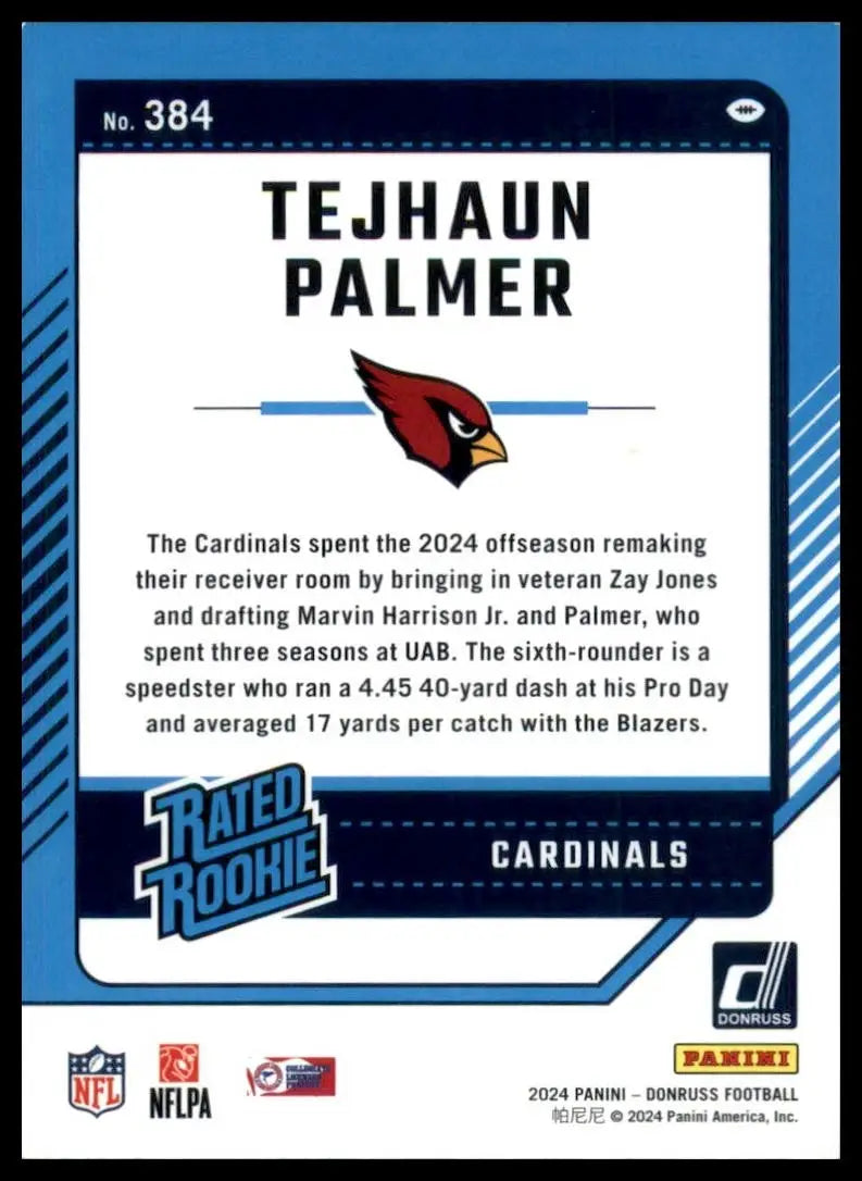 2024 Panini Donruss Rookie Tejhaun Palmer #384 Arizona Cardinals Football Card - Football Card Single