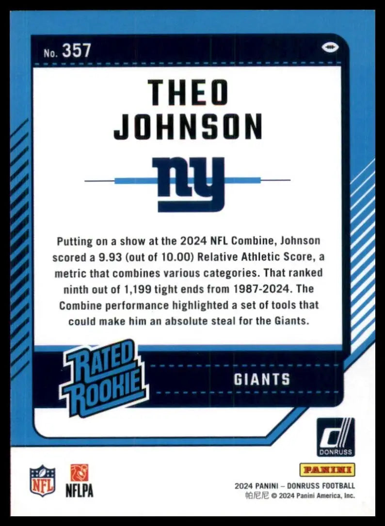 2024 Panini Donruss Rookie Theo Johnson #357 New York Giants Football Card NFL - Football Card Single