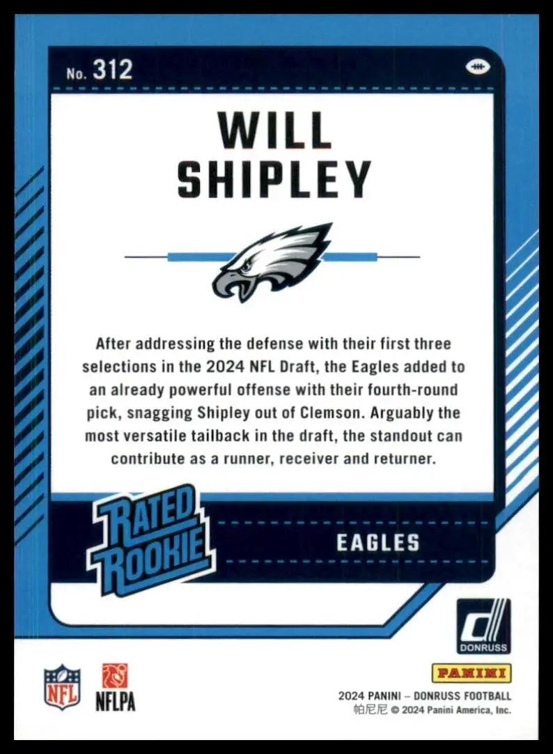 2024 Panini Donruss Rookie Will Shipley #312 Philadelphia Eagles Football Card - Football Card Single