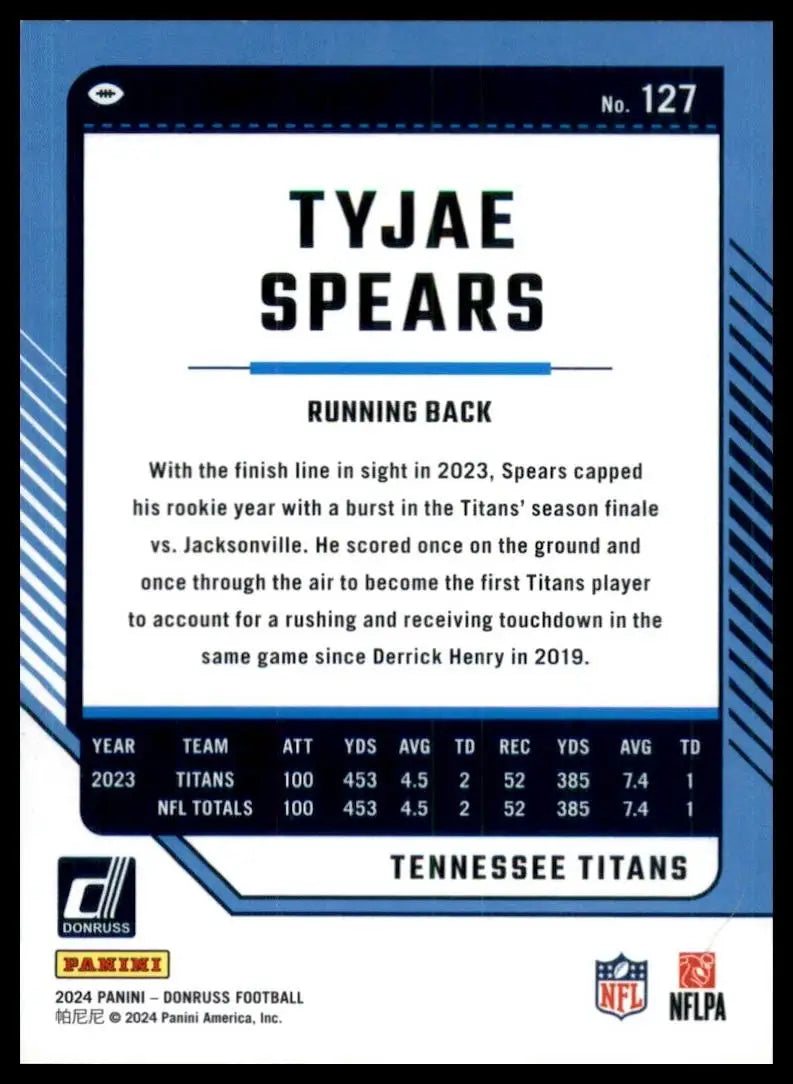 2024 Panini Donruss Tyjae Spears #127 Tennessee Titans Football Card NFL Sports - Football Card Single