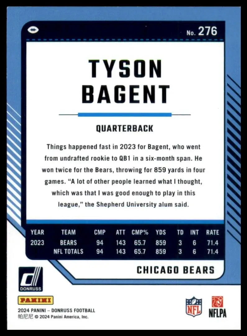 2024 Panini Donruss Tyson Bagent #276 Chicago Bears Football Card NFL Sports - Football Card Single
