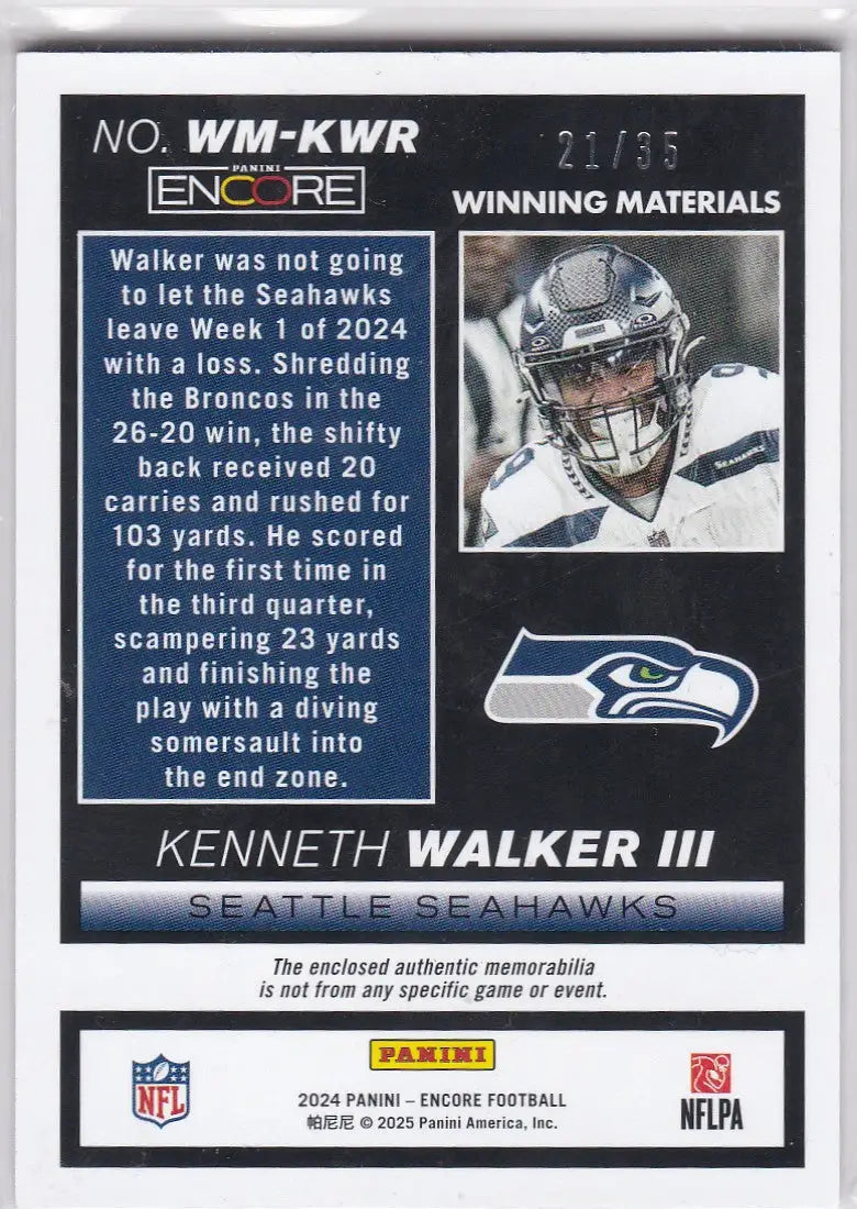 2024 Panini Encore #WM-KWR Kenneth Walker Blue Patch 21/35 Seahawks - Football Card Single
