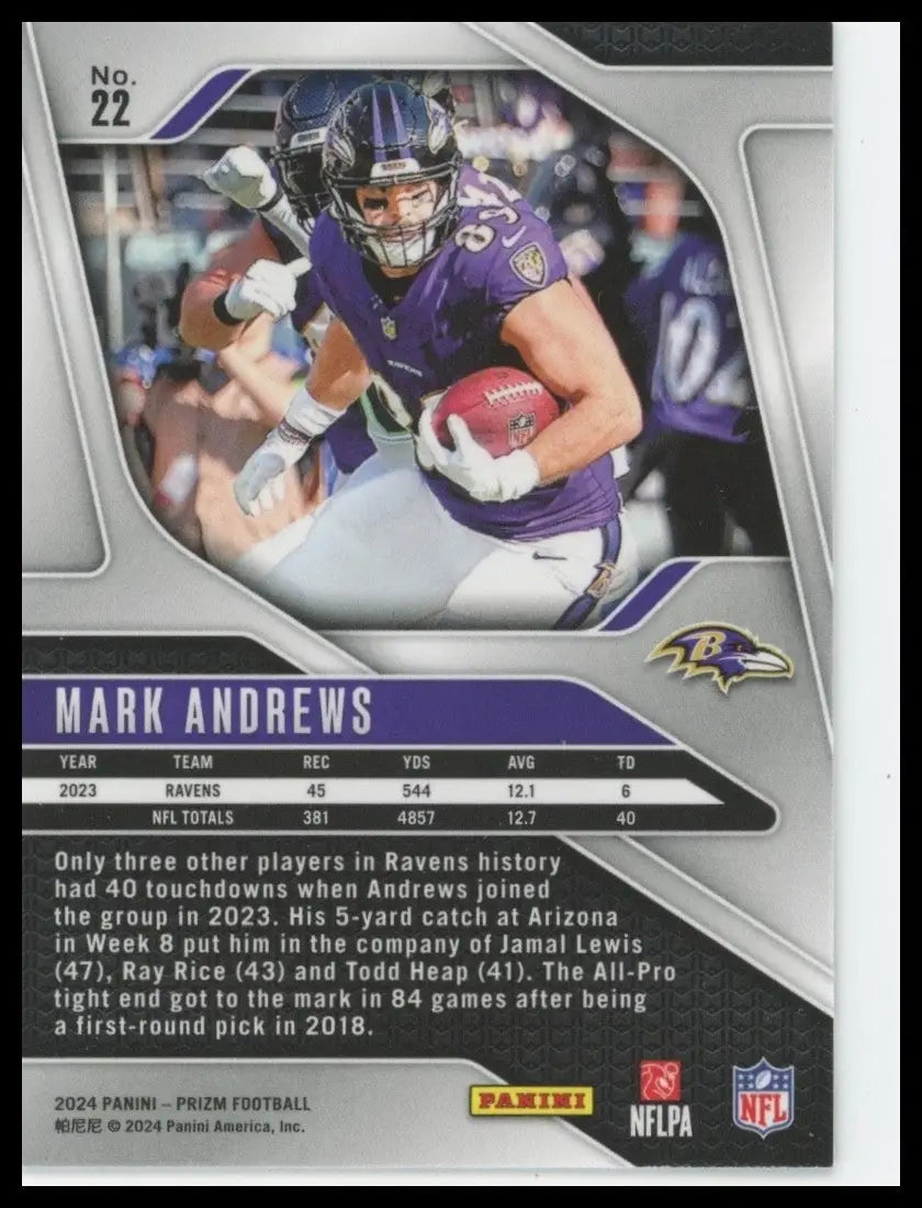 2024 Panini Mark Andrews #22 Baltimore Ravens Football Card NFL Sports - Football Card Single