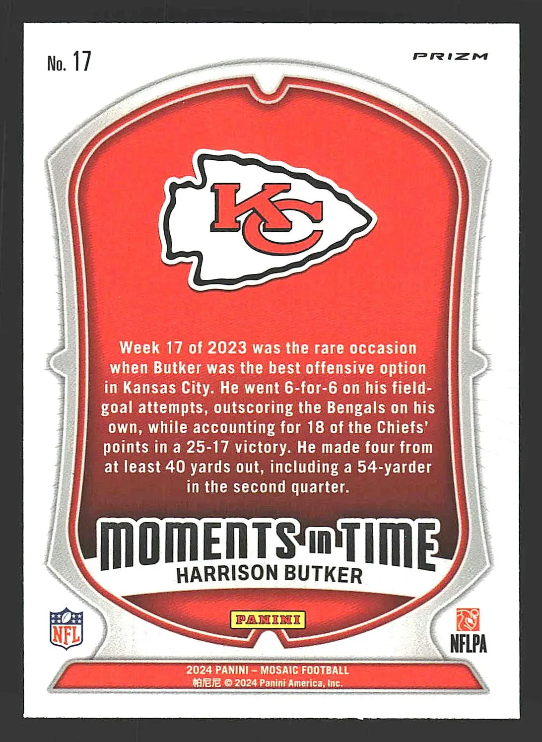 2024 Panini Mosaic #17 Harrison Butker Moments in Time No Huddle Silver - Football Card Single