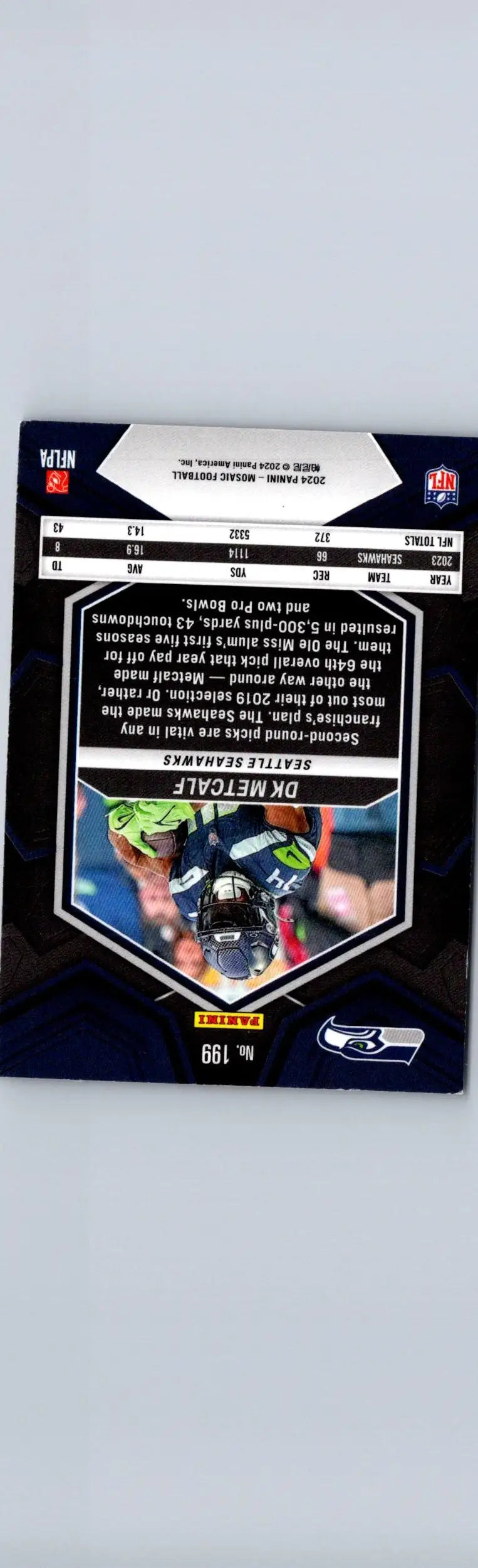 Black Panini Mosaic football trading card featuring DK Metcalf with player stats