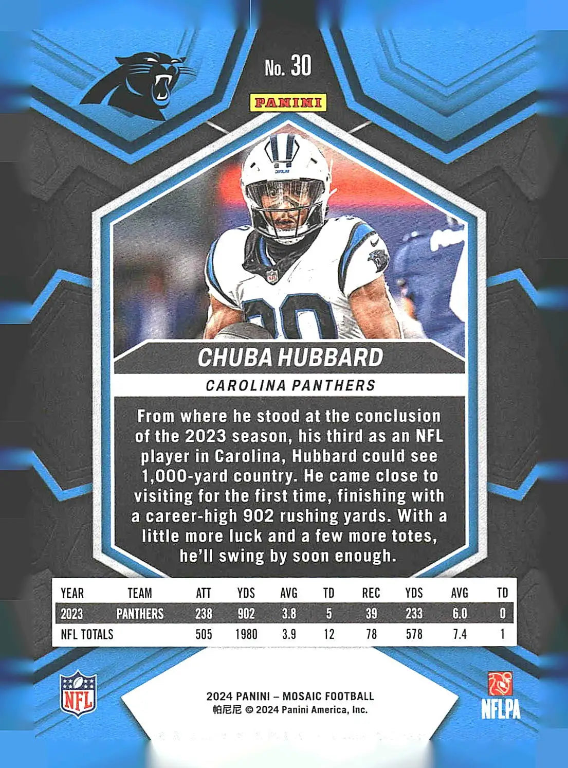 2024 Panini Mosaic #30 Chuba Hubbard Carolina Panthers - Football Card Single