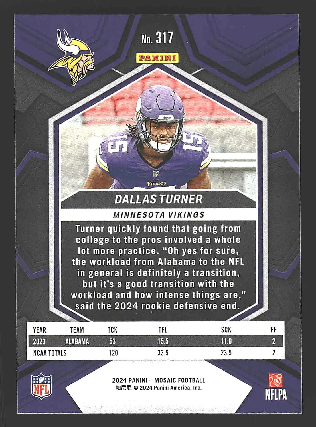 2024 Panini Mosaic #317 Dallas Turner - Football Card Single
