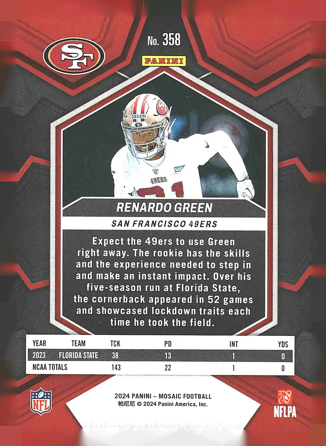 2024 Panini Mosaic #358 Renardo Green - Football Card Single