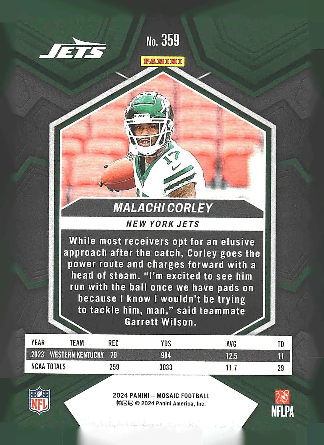 2024 Panini Mosaic #359 Malachi Corley - Football Card Single