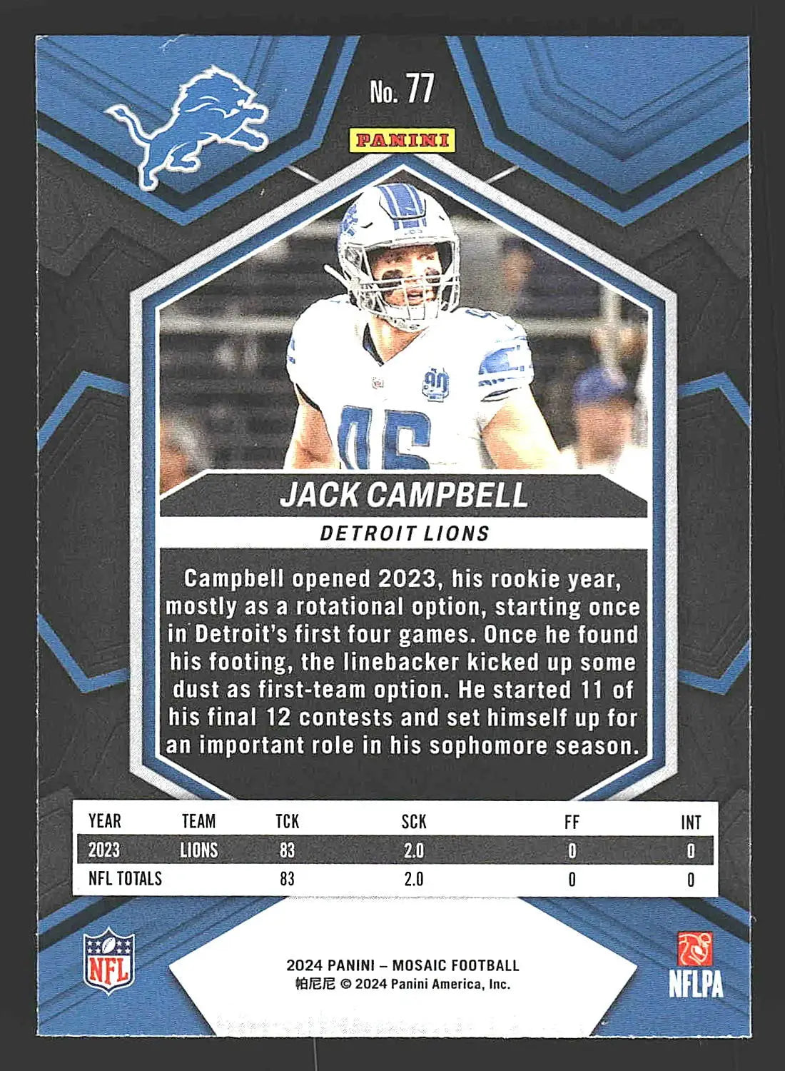 2024 Panini Mosaic #77 Jack Campbell - Football Card Single
