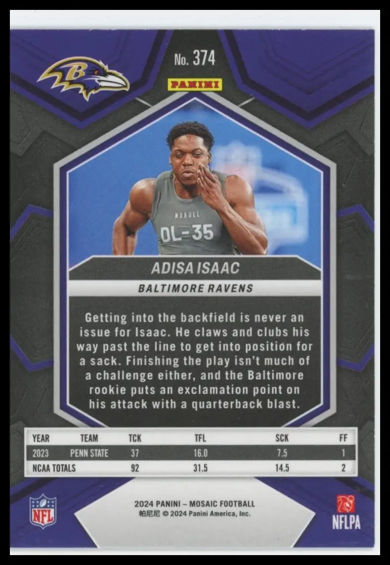 2024 Panini Mosaic Adisa Isaac RC 374 Baltimore Ravens - Football Card Single