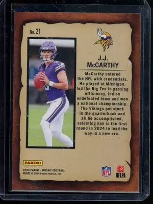 2024 Panini Mosaic J.J. McCarthy #21 Notoriety RC Football - Football Card Single