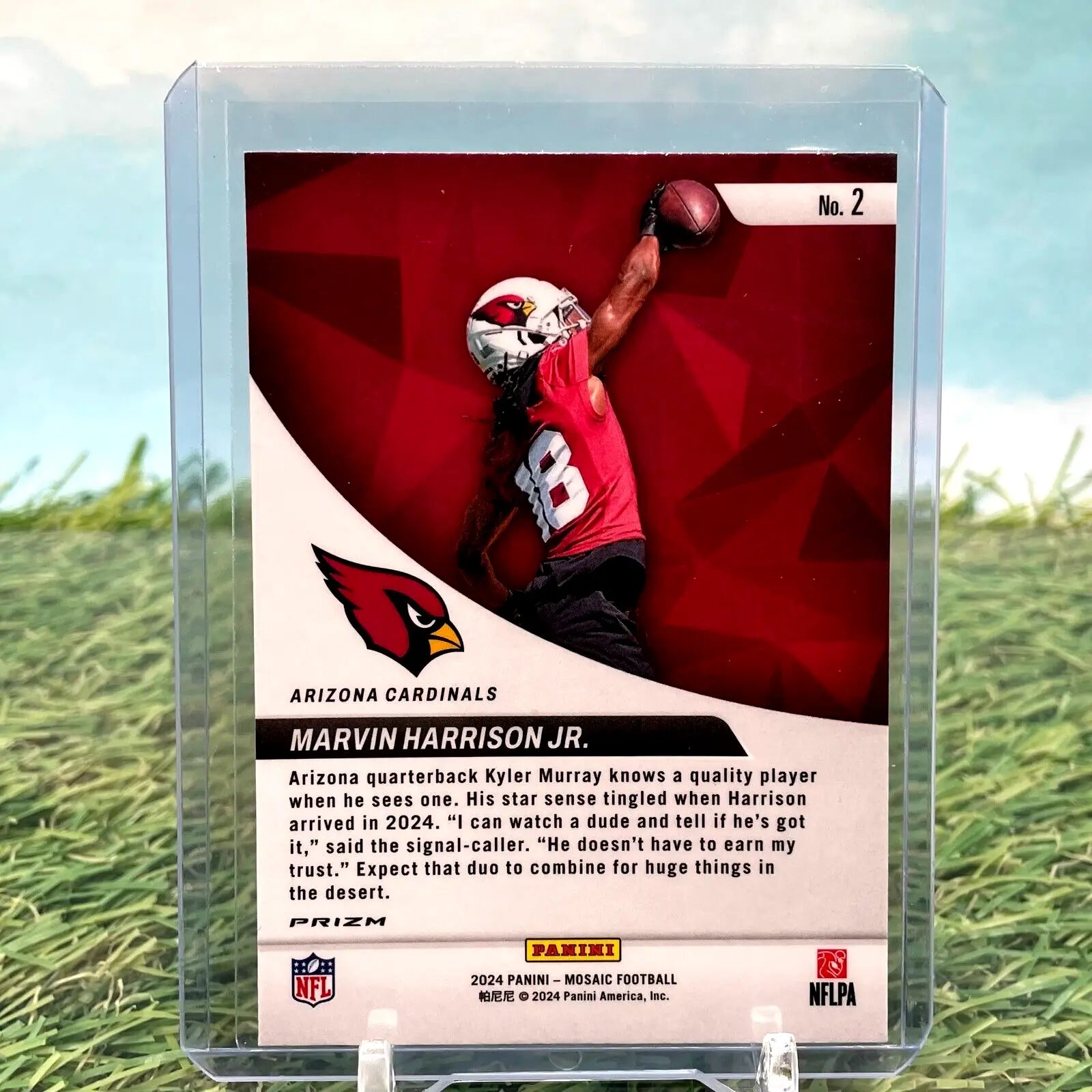 NFL trading card of Marvin Harrison in red uniform making a catch, Panini Mosaic Marvin