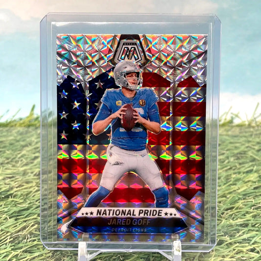 Shiny silver prizm football trading card of Jared Goff from Panini Mosaic National Pride