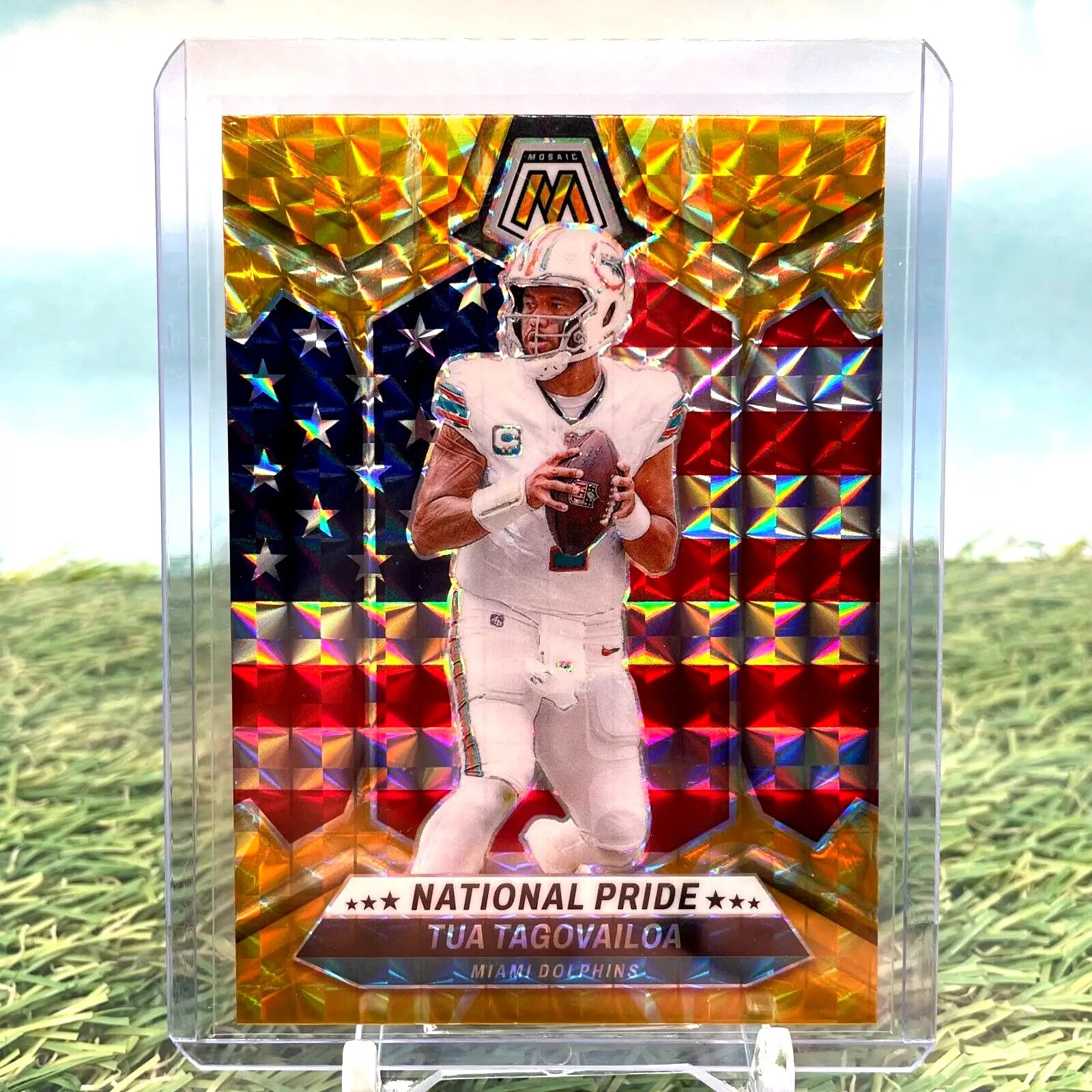 Tua Tagovailoa trading card from 2024 Panini Mosaic National Pride collection